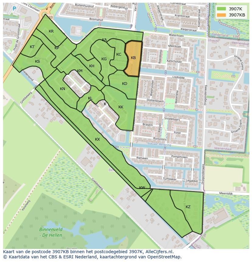 Afbeelding van het postcodegebied 3907 KB op de kaart.