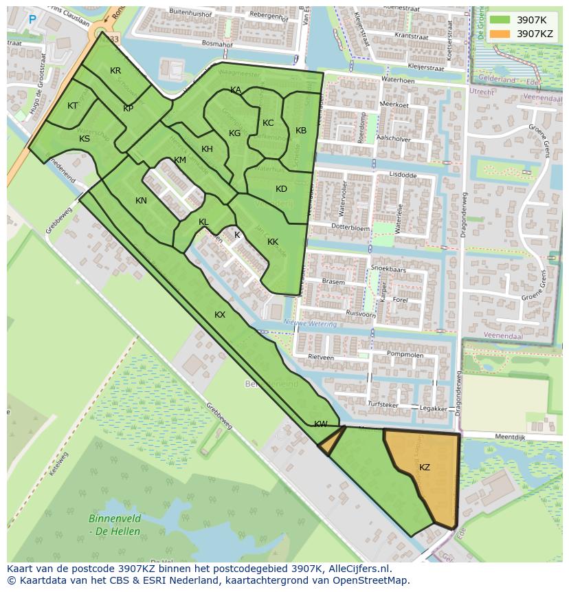 Afbeelding van het postcodegebied 3907 KZ op de kaart.