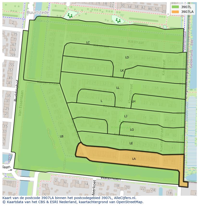 Afbeelding van het postcodegebied 3907 LA op de kaart.