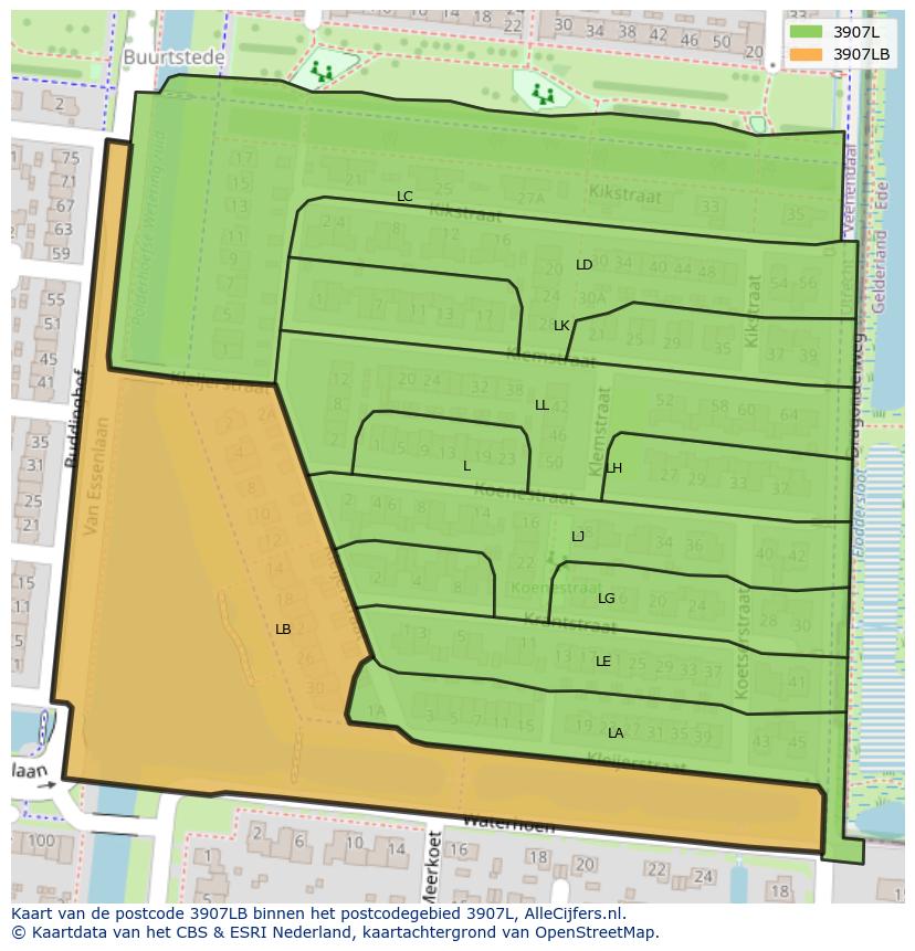 Afbeelding van het postcodegebied 3907 LB op de kaart.
