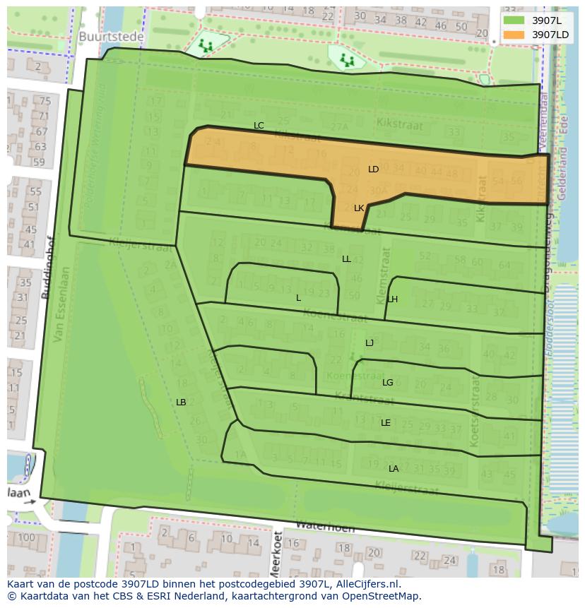 Afbeelding van het postcodegebied 3907 LD op de kaart.
