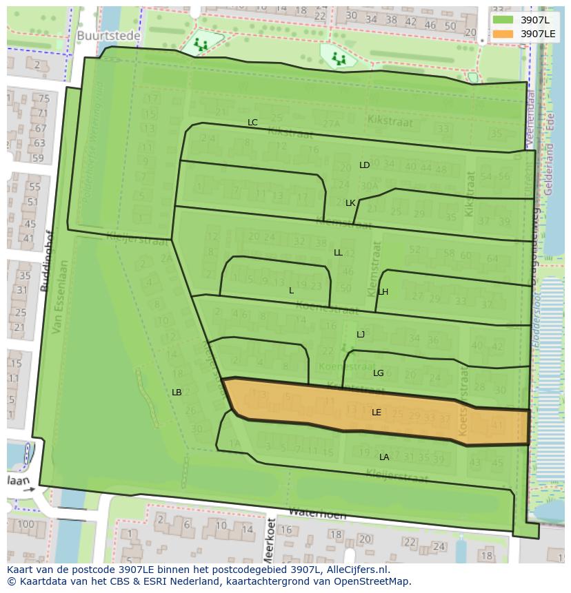 Afbeelding van het postcodegebied 3907 LE op de kaart.