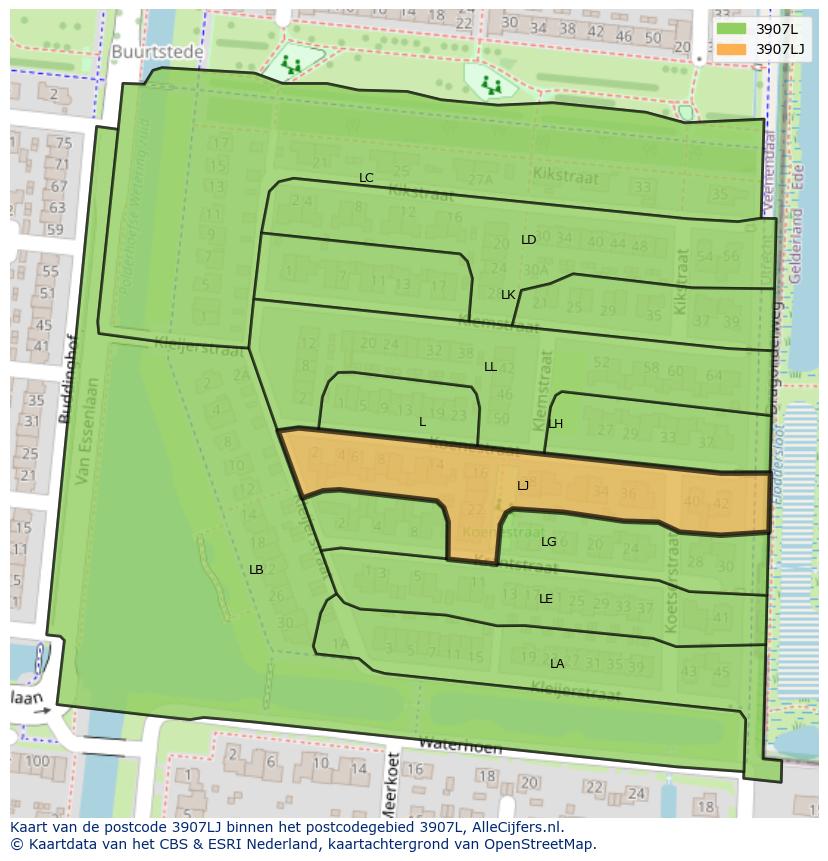 Afbeelding van het postcodegebied 3907 LJ op de kaart.