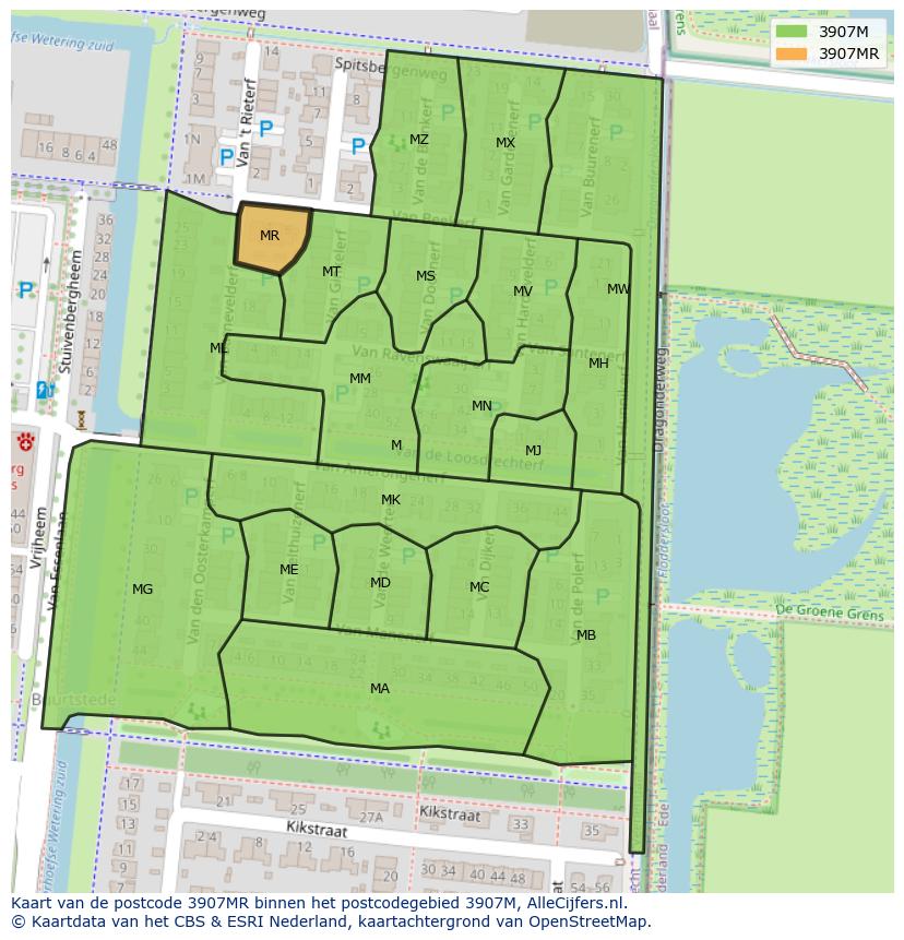 Afbeelding van het postcodegebied 3907 MR op de kaart.