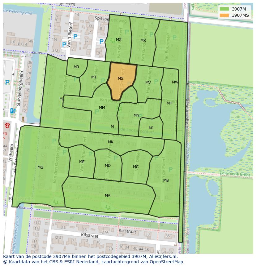 Afbeelding van het postcodegebied 3907 MS op de kaart.