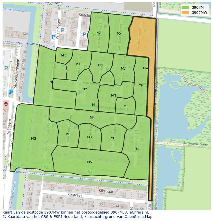 Afbeelding van het postcodegebied 3907 MW op de kaart.