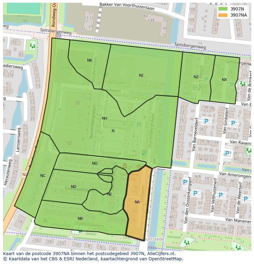 Afbeelding van het postcodegebied 3907 NA op de kaart.
