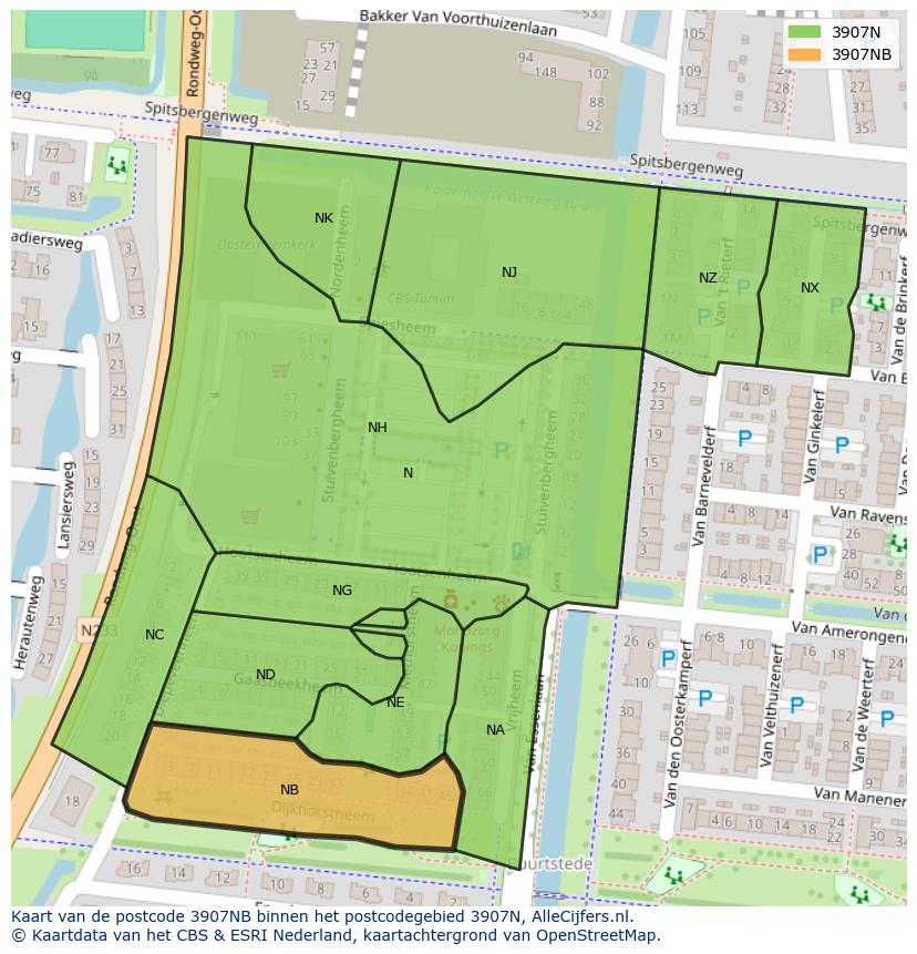 Afbeelding van het postcodegebied 3907 NB op de kaart.