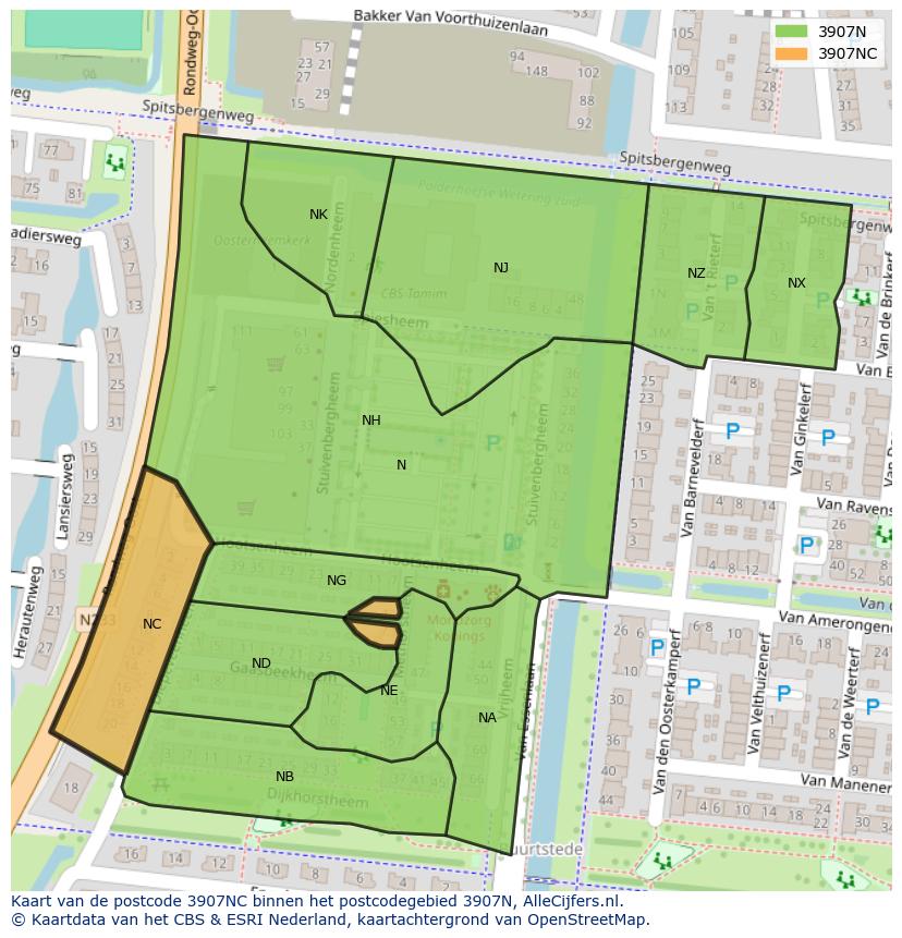 Afbeelding van het postcodegebied 3907 NC op de kaart.