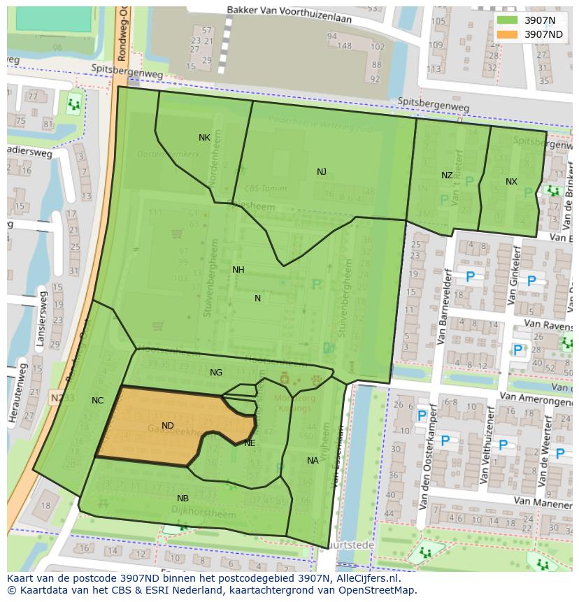 Afbeelding van het postcodegebied 3907 ND op de kaart.