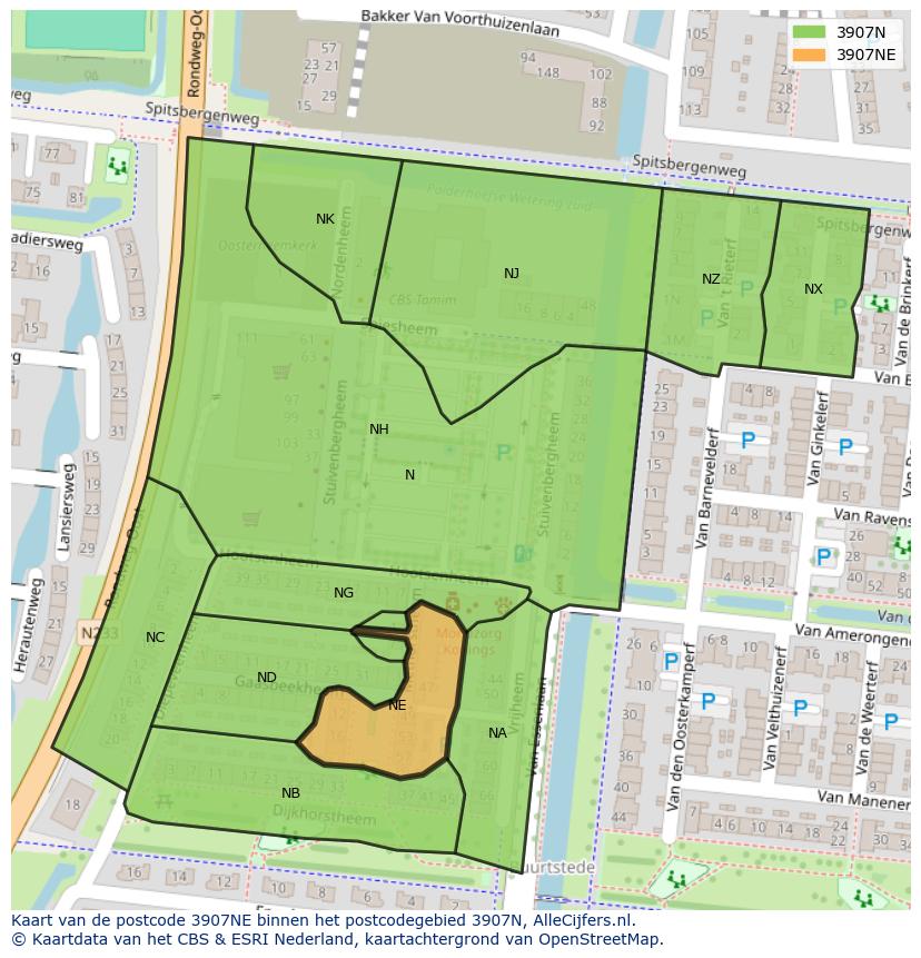 Afbeelding van het postcodegebied 3907 NE op de kaart.