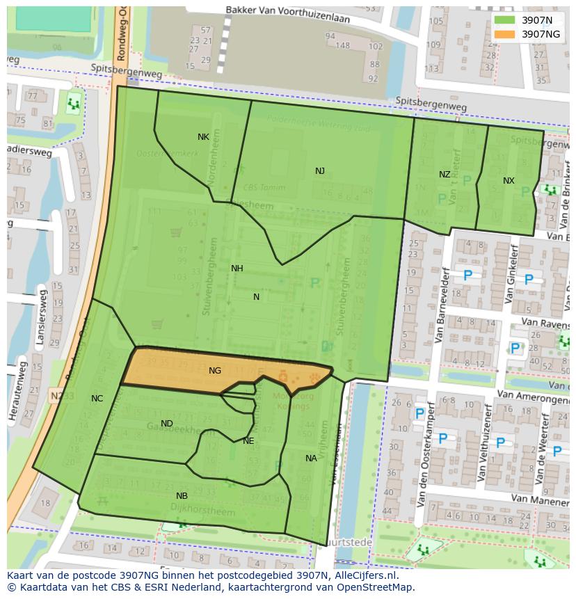 Afbeelding van het postcodegebied 3907 NG op de kaart.