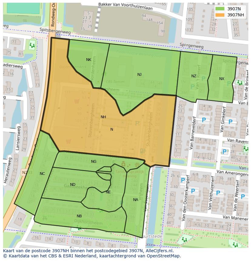 Afbeelding van het postcodegebied 3907 NH op de kaart.