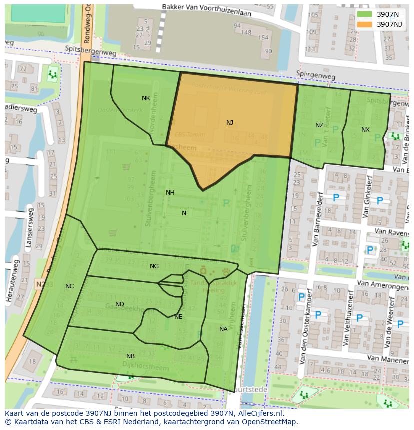 Afbeelding van het postcodegebied 3907 NJ op de kaart.