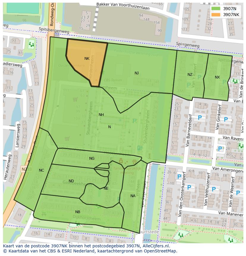 Afbeelding van het postcodegebied 3907 NK op de kaart.