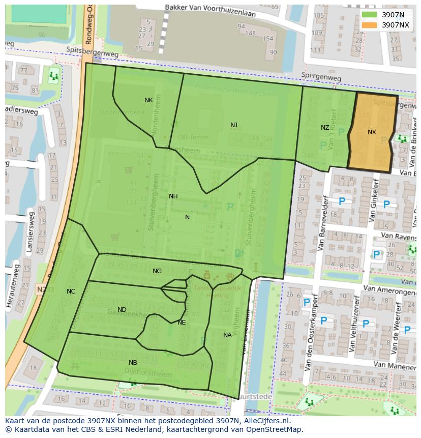 Afbeelding van het postcodegebied 3907 NX op de kaart.