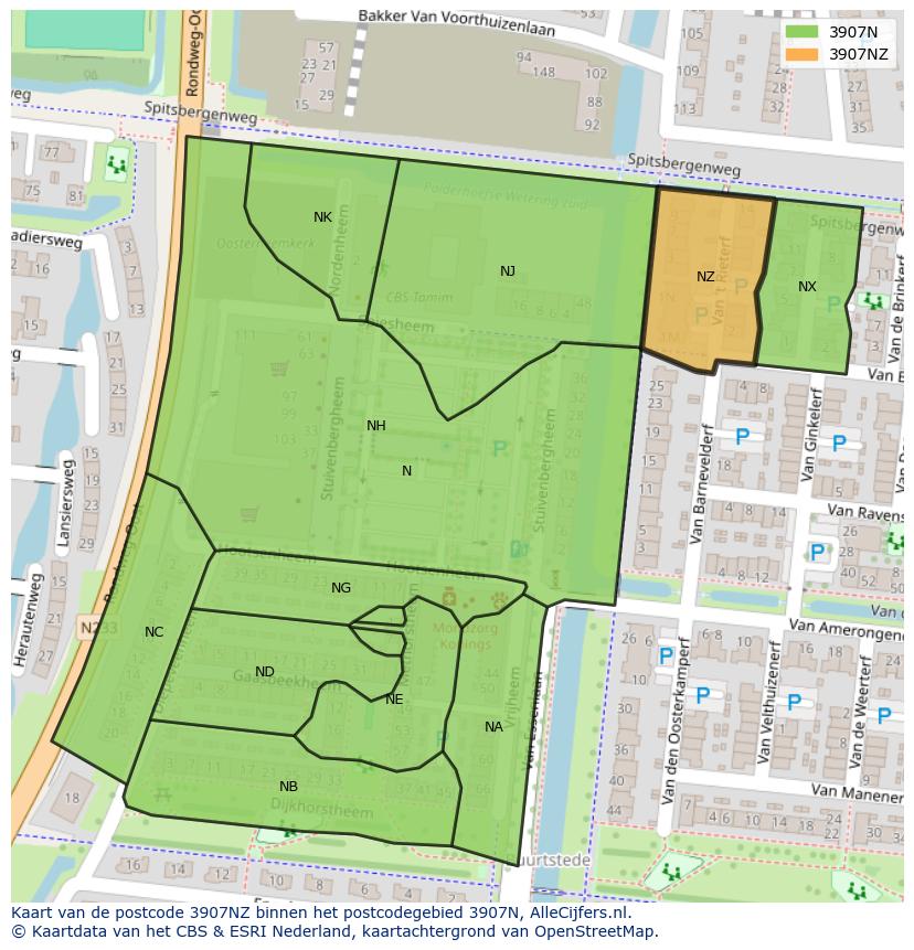 Afbeelding van het postcodegebied 3907 NZ op de kaart.