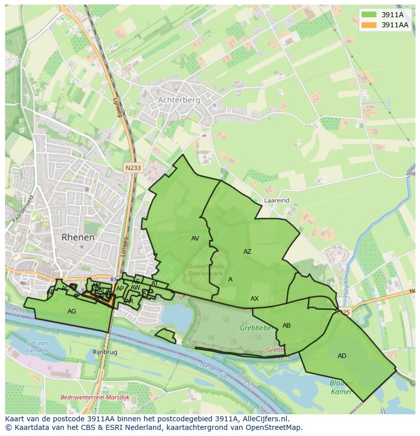Afbeelding van het postcodegebied 3911 AA op de kaart.