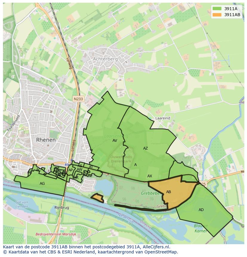 Afbeelding van het postcodegebied 3911 AB op de kaart.
