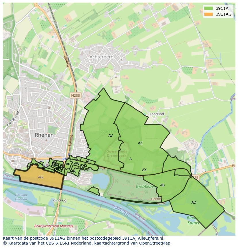 Afbeelding van het postcodegebied 3911 AG op de kaart.