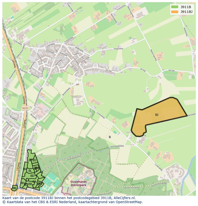 Afbeelding van het postcodegebied 3911 BJ op de kaart.