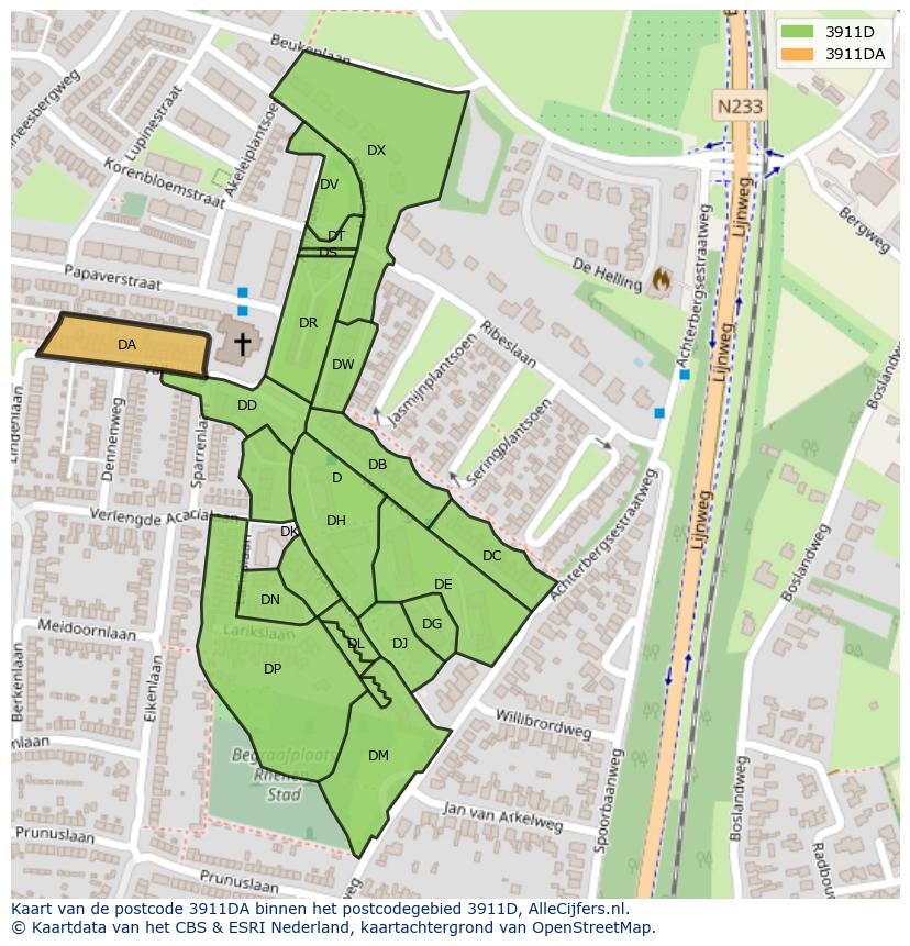 Afbeelding van het postcodegebied 3911 DA op de kaart.