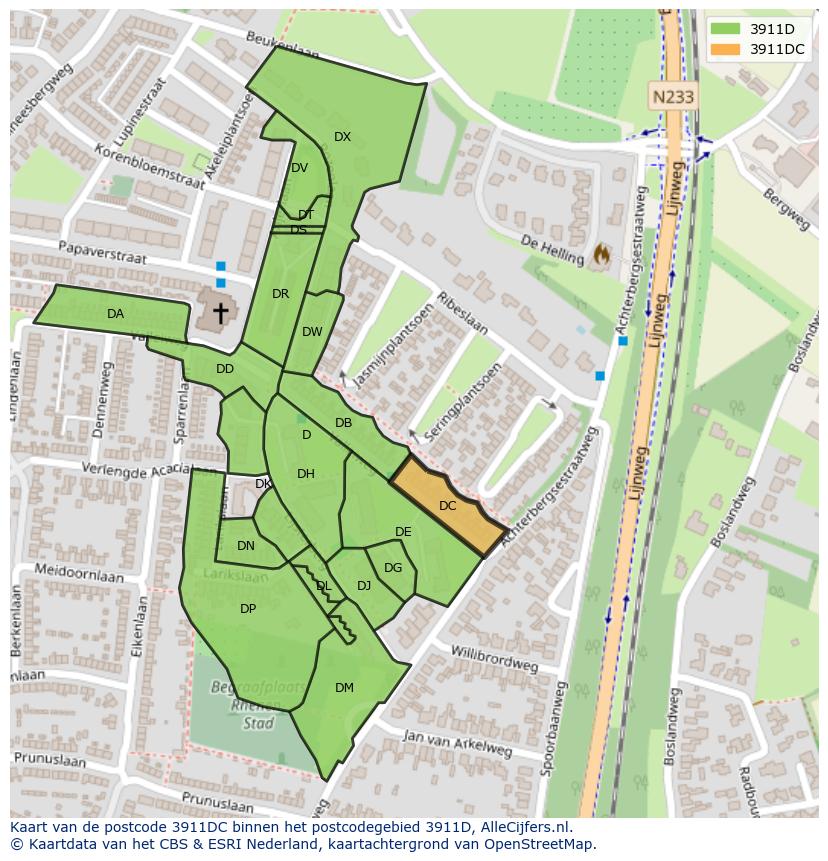 Afbeelding van het postcodegebied 3911 DC op de kaart.