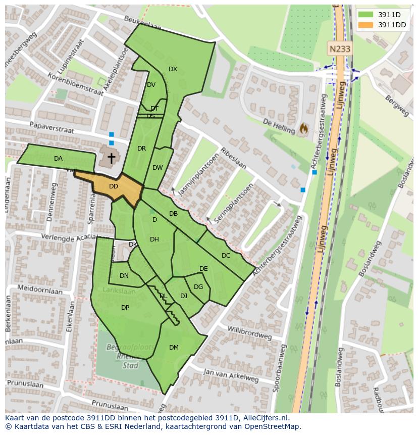 Afbeelding van het postcodegebied 3911 DD op de kaart.