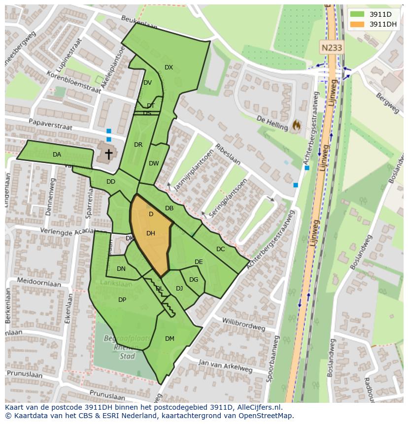 Afbeelding van het postcodegebied 3911 DH op de kaart.