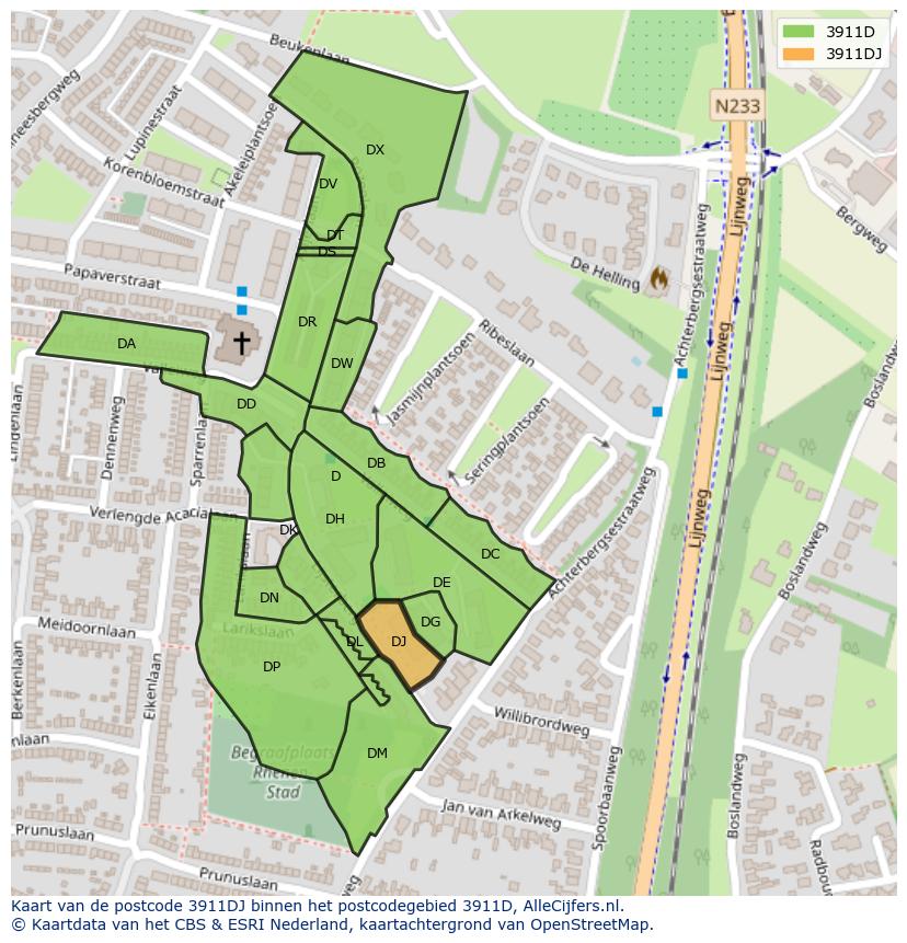 Afbeelding van het postcodegebied 3911 DJ op de kaart.