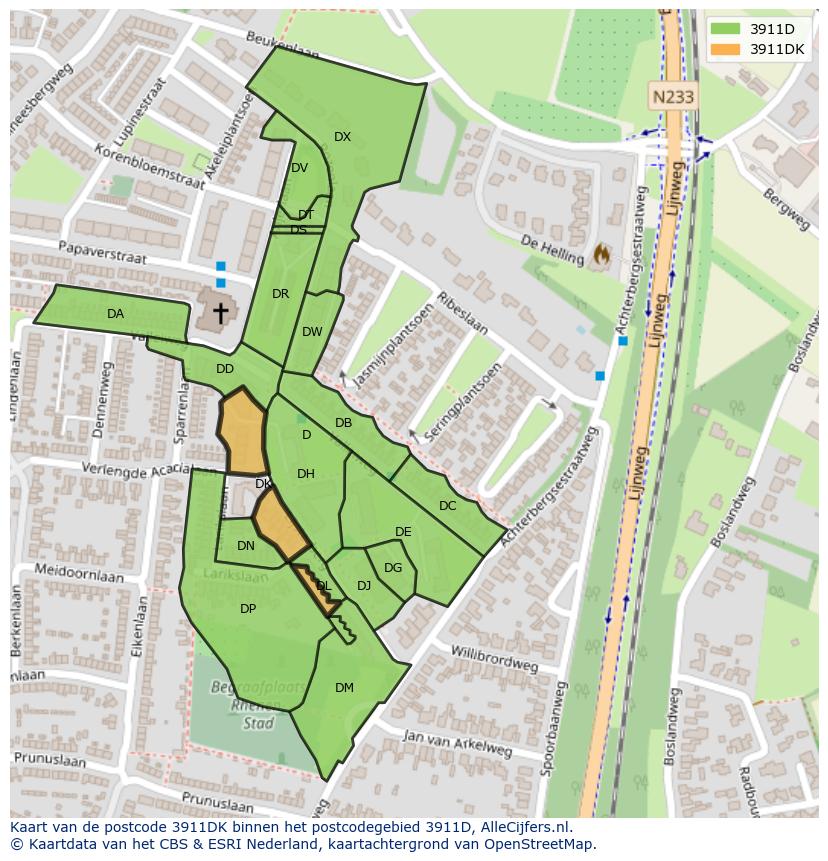 Afbeelding van het postcodegebied 3911 DK op de kaart.