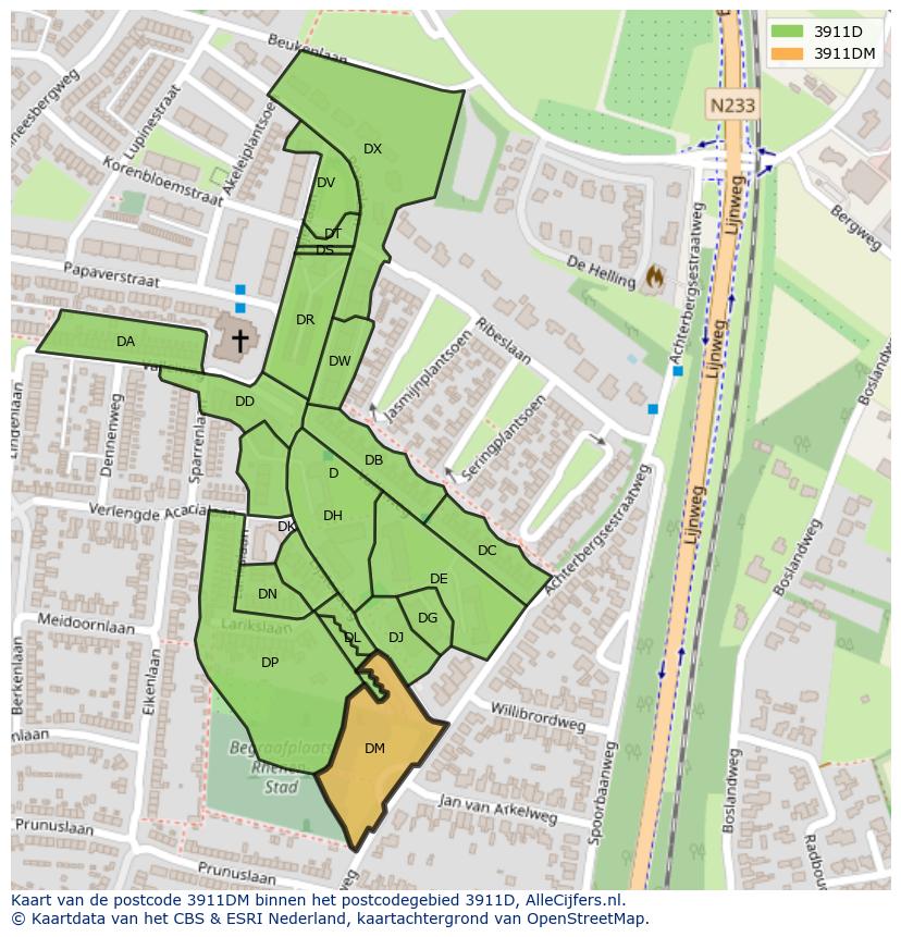 Afbeelding van het postcodegebied 3911 DM op de kaart.