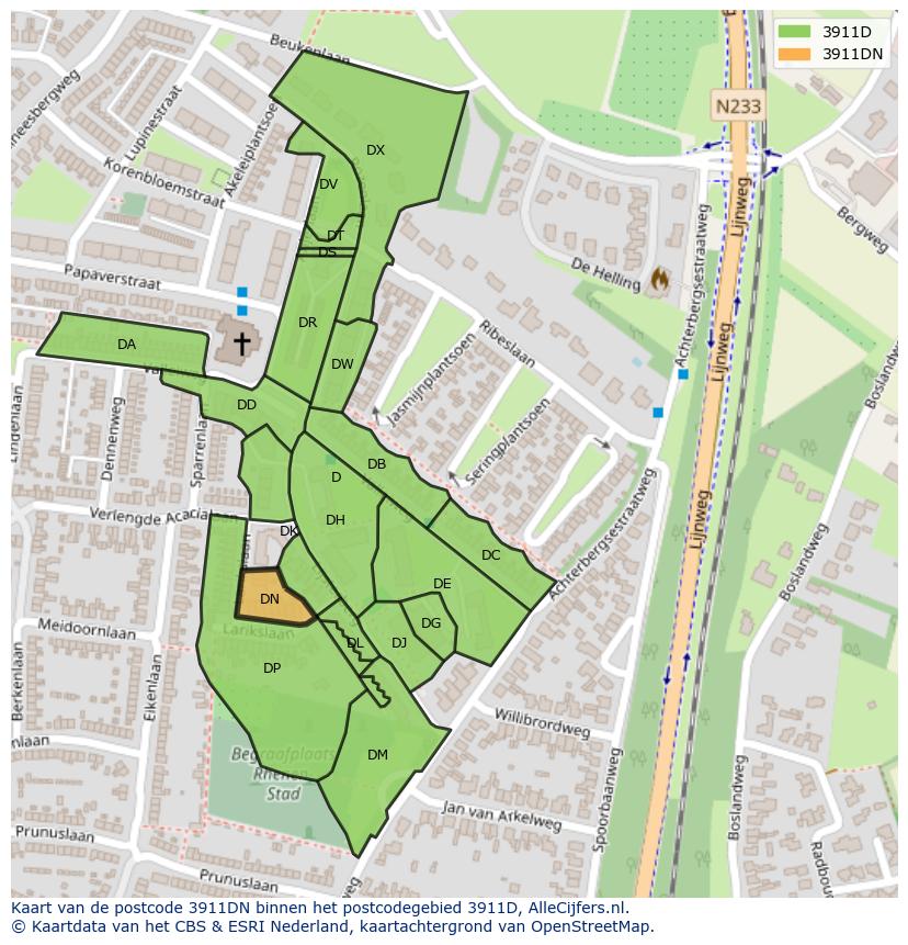 Afbeelding van het postcodegebied 3911 DN op de kaart.