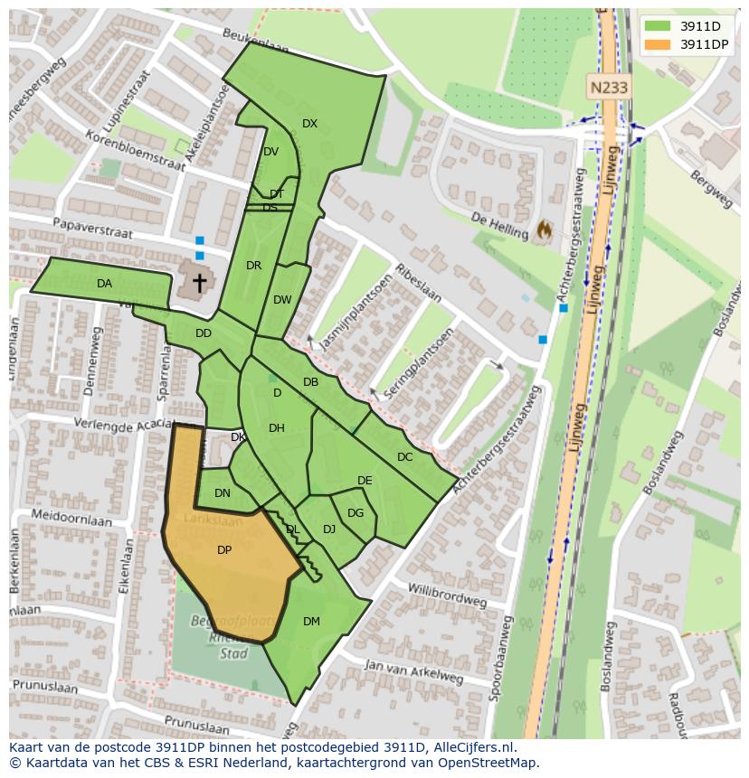 Afbeelding van het postcodegebied 3911 DP op de kaart.