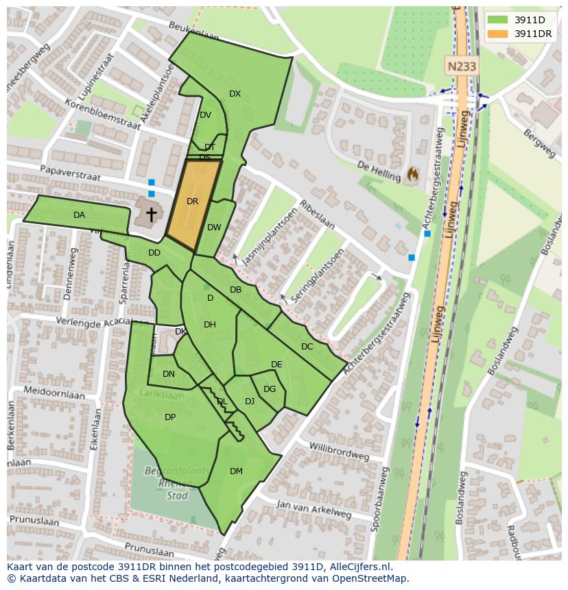 Afbeelding van het postcodegebied 3911 DR op de kaart.