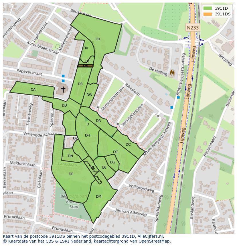 Afbeelding van het postcodegebied 3911 DS op de kaart.