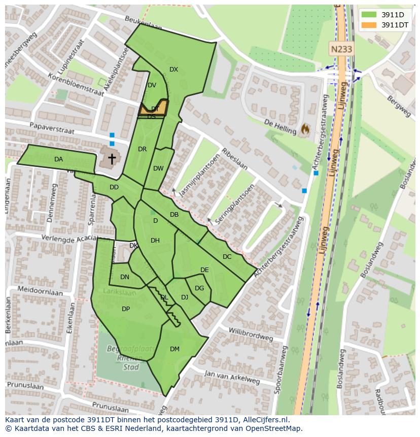 Afbeelding van het postcodegebied 3911 DT op de kaart.