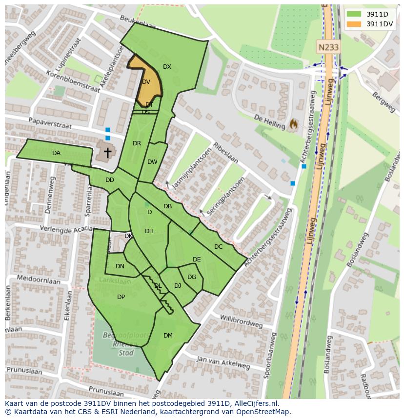 Afbeelding van het postcodegebied 3911 DV op de kaart.