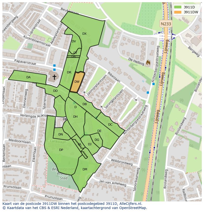 Afbeelding van het postcodegebied 3911 DW op de kaart.