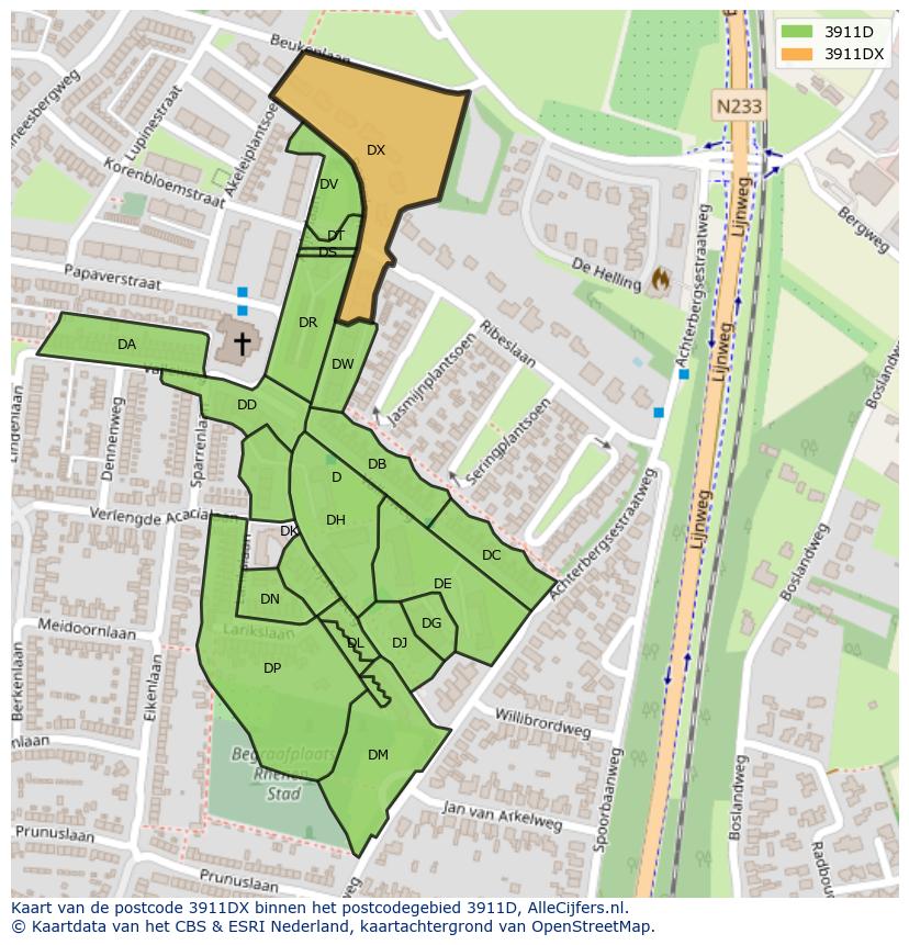 Afbeelding van het postcodegebied 3911 DX op de kaart.
