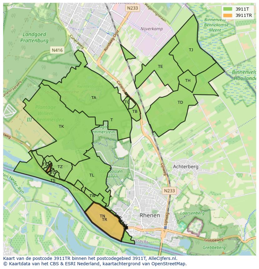Afbeelding van het postcodegebied 3911 TR op de kaart.
