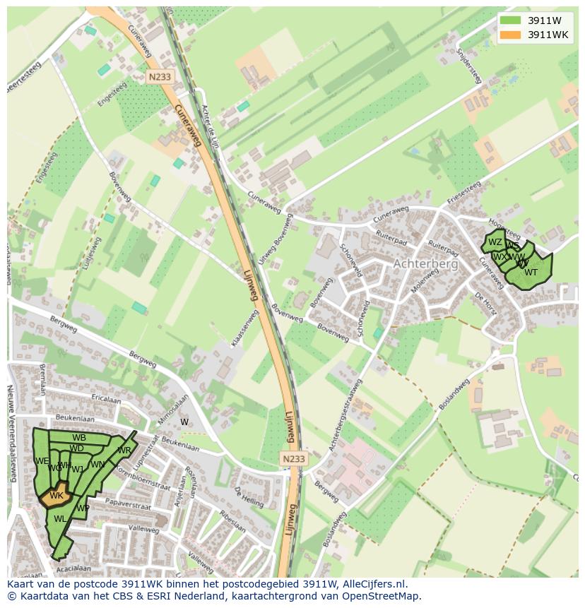 Afbeelding van het postcodegebied 3911 WK op de kaart.