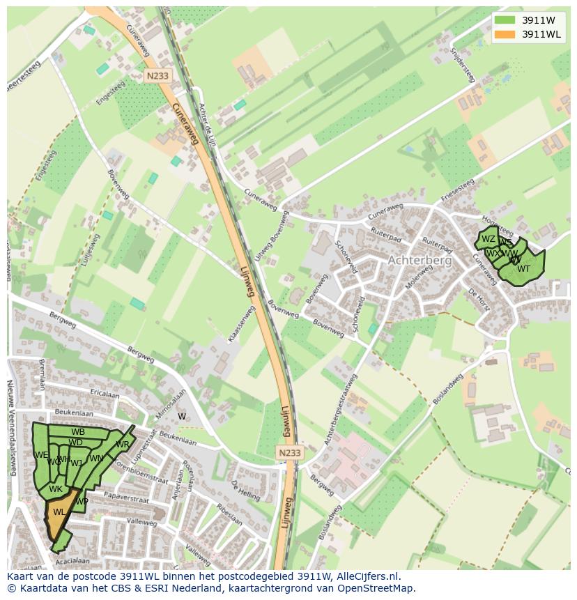 Afbeelding van het postcodegebied 3911 WL op de kaart.