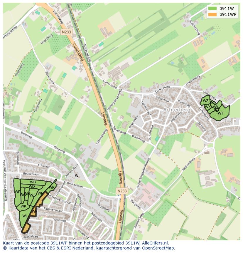 Afbeelding van het postcodegebied 3911 WP op de kaart.