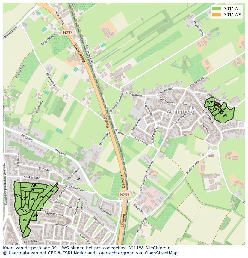 Afbeelding van het postcodegebied 3911 WS op de kaart.
