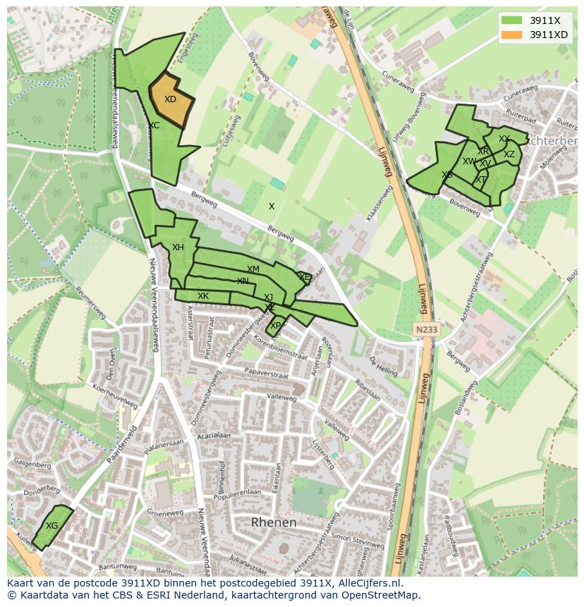 Afbeelding van het postcodegebied 3911 XD op de kaart.