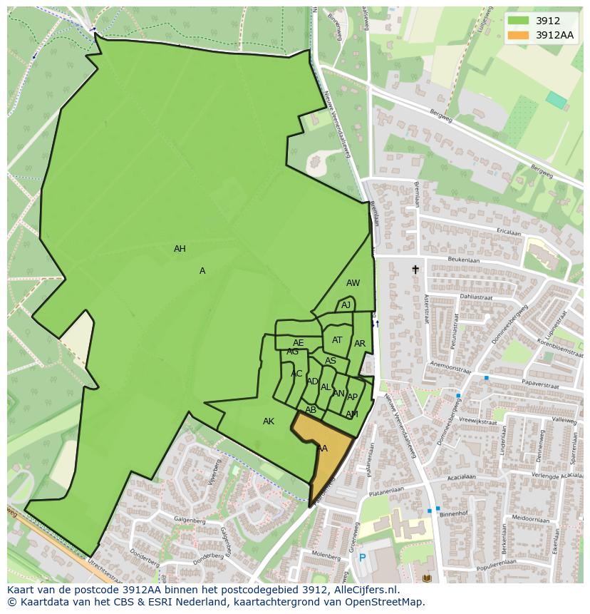 Afbeelding van het postcodegebied 3912 AA op de kaart.