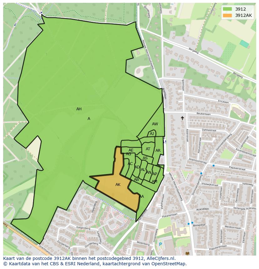 Afbeelding van het postcodegebied 3912 AK op de kaart.