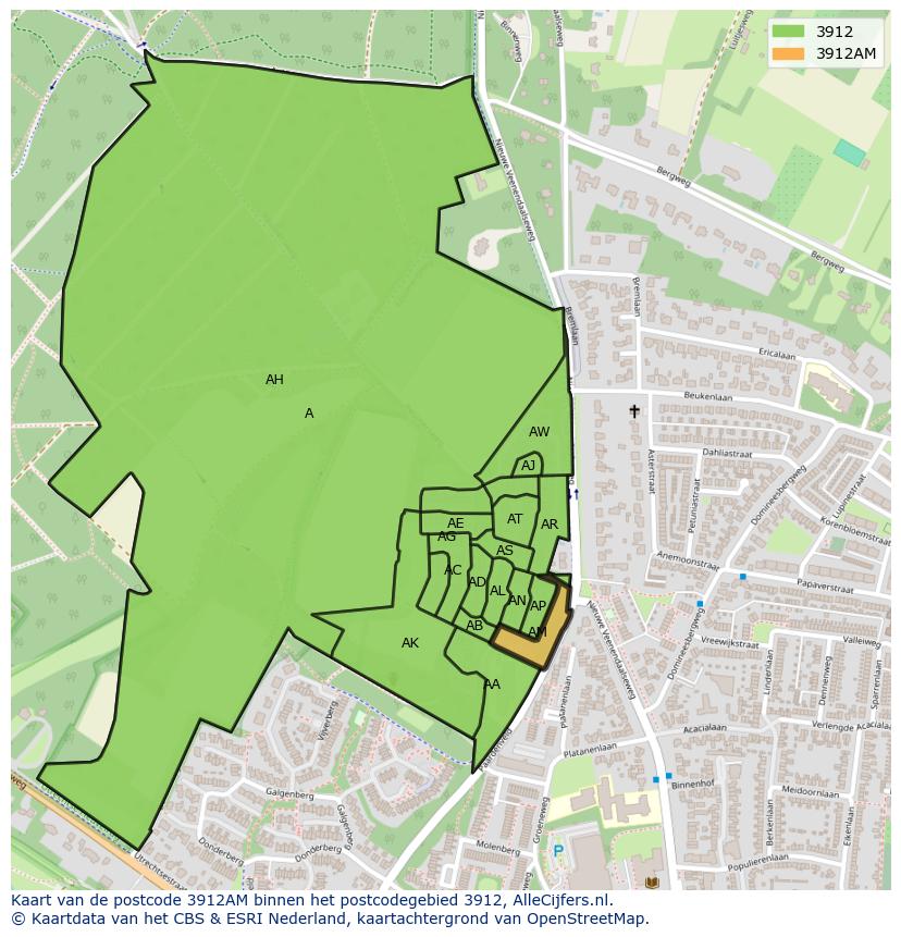 Afbeelding van het postcodegebied 3912 AM op de kaart.