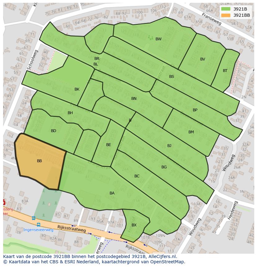 Afbeelding van het postcodegebied 3921 BB op de kaart.